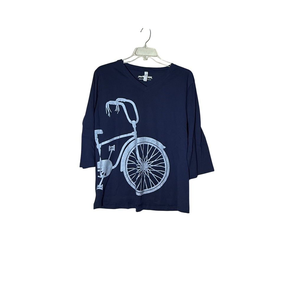 Marushka Navy Blue V-Neck 3/4 Sleeve Cotton Bicycle Graphic Top XL